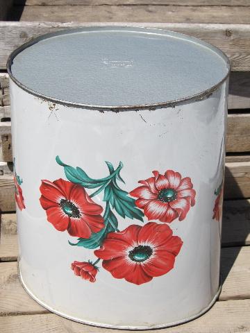 photo of 50s vintage color litho print metal wastebasket, red poppy flowers #3
