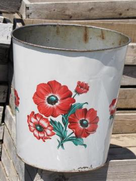 catalog photo of 50s vintage color litho print metal wastebasket, red poppy flowers