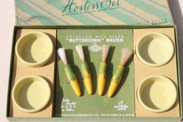 catalog photo of 50s vintage cornware set, butter dishes & tiny brushes for sweet corn on the cob 