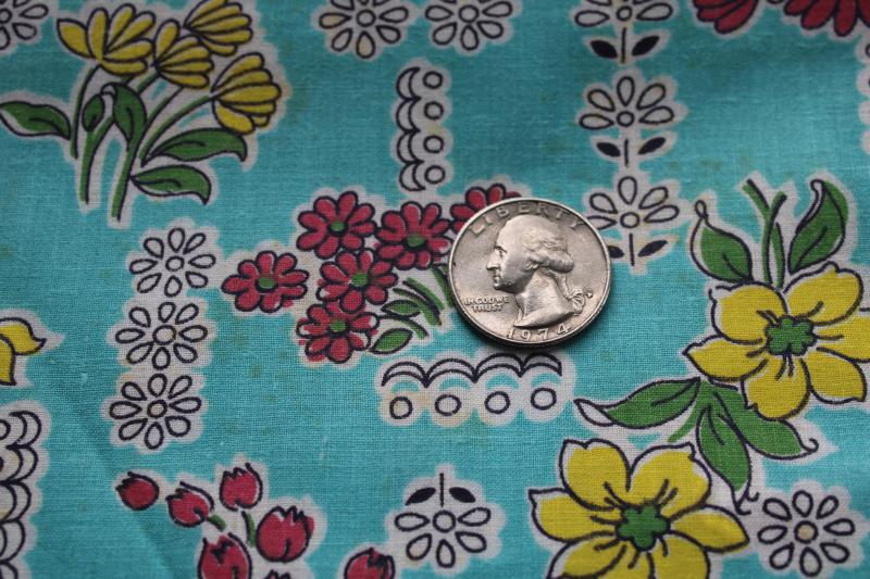 photo of 50s vintage cotton fabric, flowered print in bold colors, red yellow turquoise #4