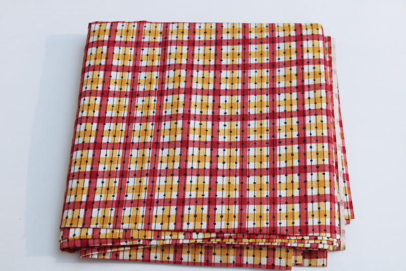 photo of 50s vintage cotton fabric print plaid in red, yellow gold, black, retro rockabilly style #1