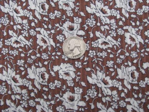 photo of 50s vintage cotton fabric, shadow stripe sheer lawn, roses on brown #1