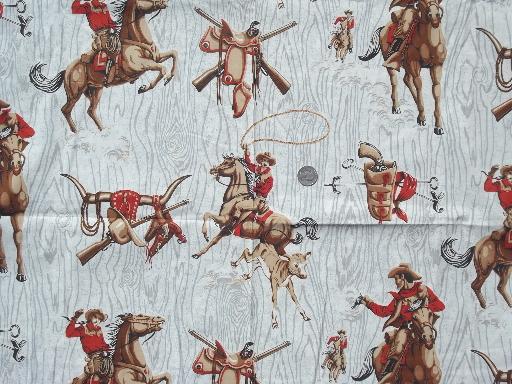 photo of 50s vintage cotton fabric w/ western round-up cowboy print, 10 yds x 36 w #1