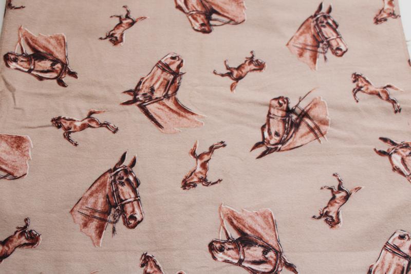 photo of 50s vintage cotton flannel fabric, horses print on tan, retro cowboy western style #1