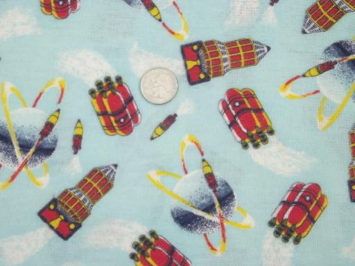 photo of 50s vintage cotton flannel fabric, retro rocket spaceship sputnik print #1