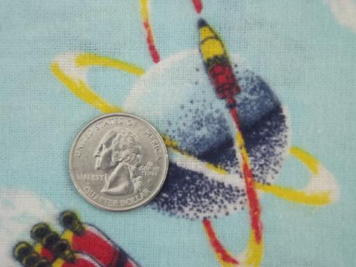 photo of 50s vintage cotton flannel fabric, retro rocket spaceship sputnik print #2