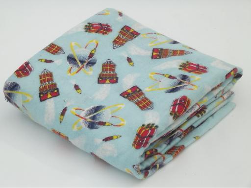 photo of 50s vintage cotton flannel fabric, retro rocket spaceship sputnik print #3