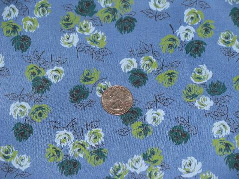 photo of 50s vintage cotton quilting weight fabric, retro floral print, green roses on blue #1