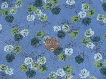 catalog photo of 50s vintage cotton quilting weight fabric, retro floral print, green roses on blue