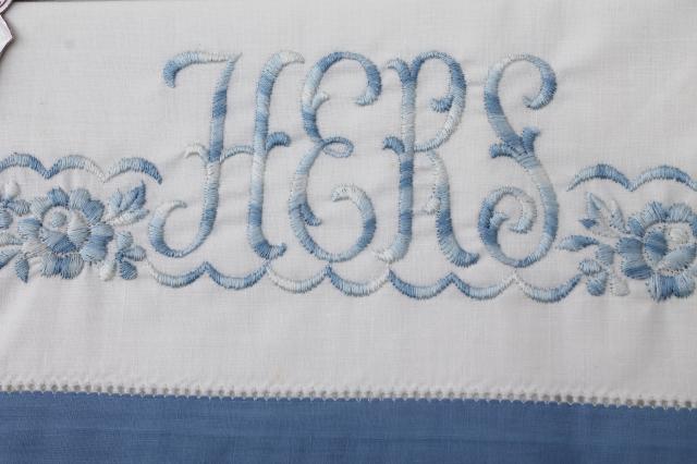 photo of 50s vintage cotton sheets & pillowcases, His & Hers embroidered linens never used #5