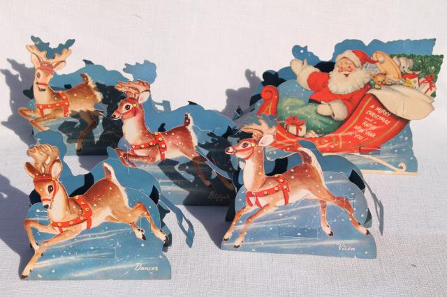 photo of 50s vintage die cut paper Christmas decoration, Santa reindeer sleigh #3