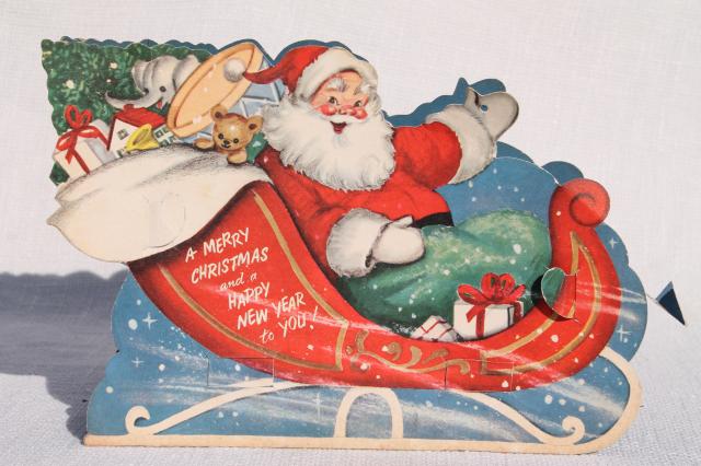 photo of 50s vintage die cut paper Christmas decoration, Santa reindeer sleigh #4