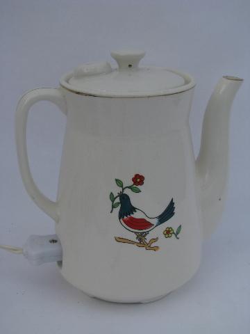 photo of 50s vintage electric coffee / tea pot, Whistle While You Wait painted china #2