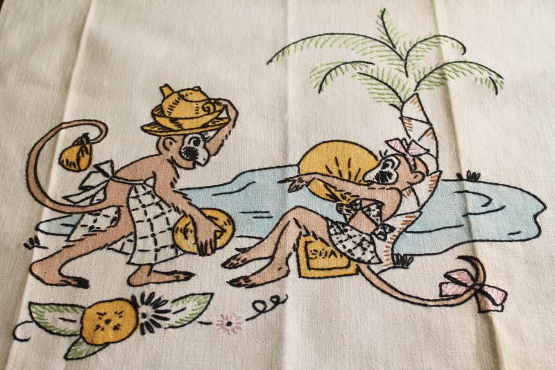 photo of 50s vintage embroidered kitchen towel w/ funny monkeys, beach bums w/ dirty dishes #2