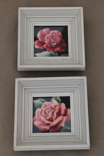 photo of 50s vintage framed floral prints, pink roses in mod square picture frames #1