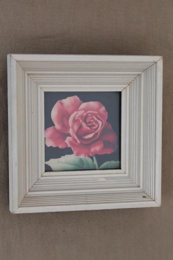 photo of 50s vintage framed floral prints, pink roses in mod square picture frames #2