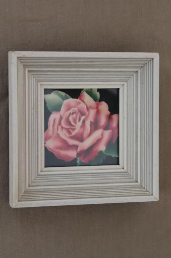 photo of 50s vintage framed floral prints, pink roses in mod square picture frames #3