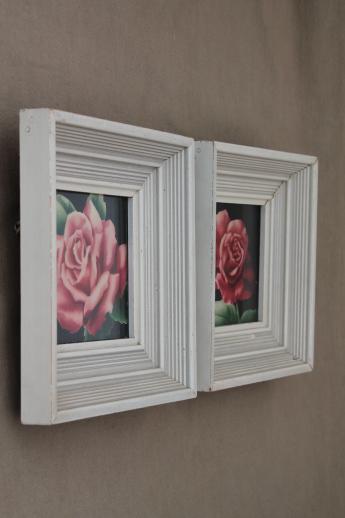 photo of 50s vintage framed floral prints, pink roses in mod square picture frames #4