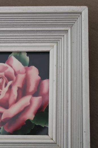 photo of 50s vintage framed floral prints, pink roses in mod square picture frames #5