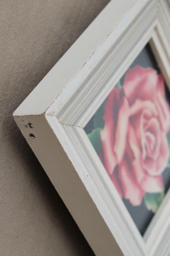 photo of 50s vintage framed floral prints, pink roses in mod square picture frames #6