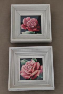 catalog photo of 50s vintage framed floral prints, pink roses in mod square picture frames