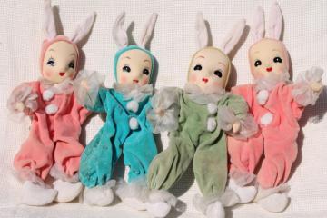 catalog photo of 50s vintage girl pixie Easter bunnies, velvet doll ornaments, retro holiday decorations