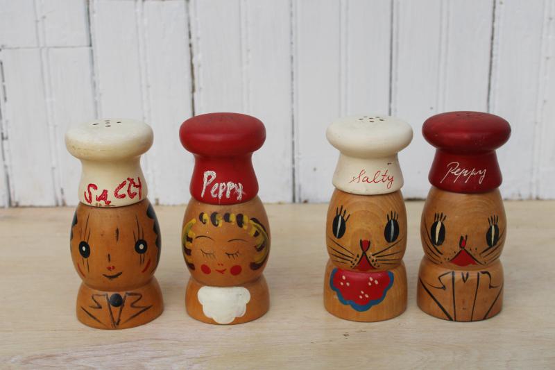 photo of 50s vintage hand painted wood S&P set lot, large wooden range shakers Salty & Peppy #1