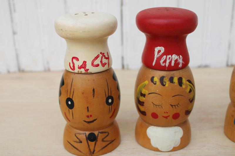 photo of 50s vintage hand painted wood S&P set lot, large wooden range shakers Salty & Peppy #2