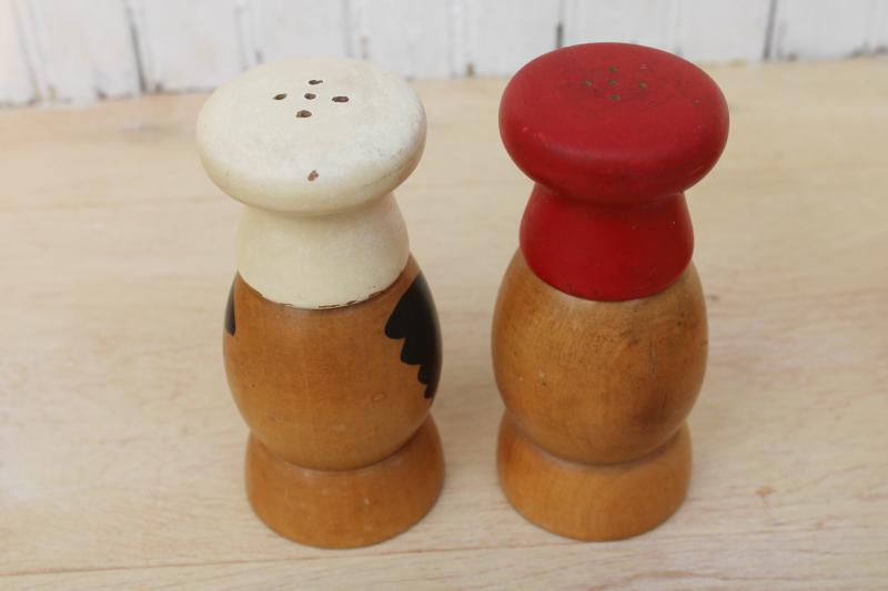 photo of 50s vintage hand painted wood S&P set lot, large wooden range shakers Salty & Peppy #5