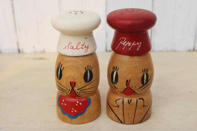 photo of 50s vintage hand painted wood S&P set lot, large wooden range shakers Salty & Peppy #6