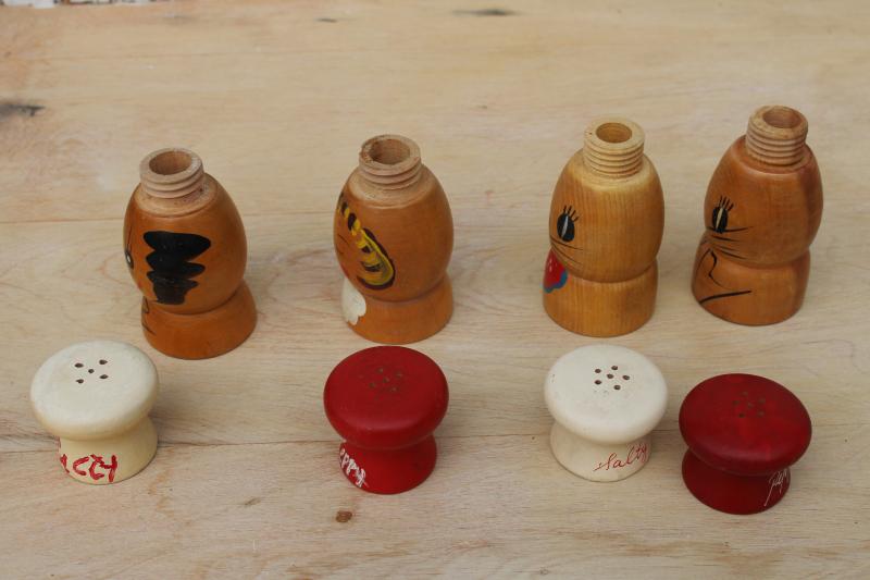 photo of 50s vintage hand painted wood S&P set lot, large wooden range shakers Salty & Peppy #9