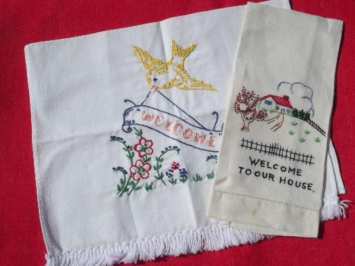 photo of 50s vintage hand-embroidered cotton linen guest / gift towels, Welcome! #1