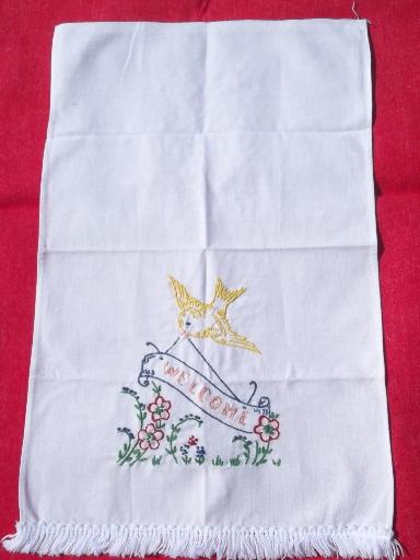 photo of 50s vintage hand-embroidered cotton linen guest / gift towels, Welcome! #2