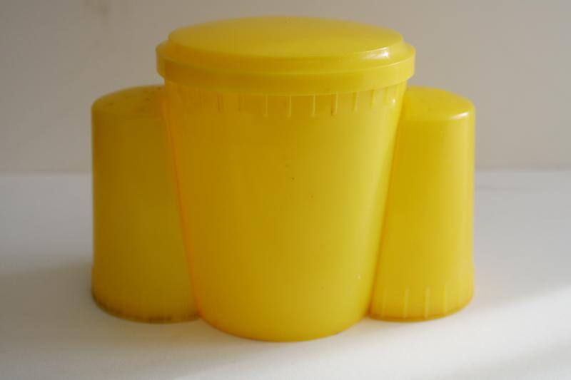 photo of 50s vintage kitchen range set large shakers, lustroware type yellow plastic  #9