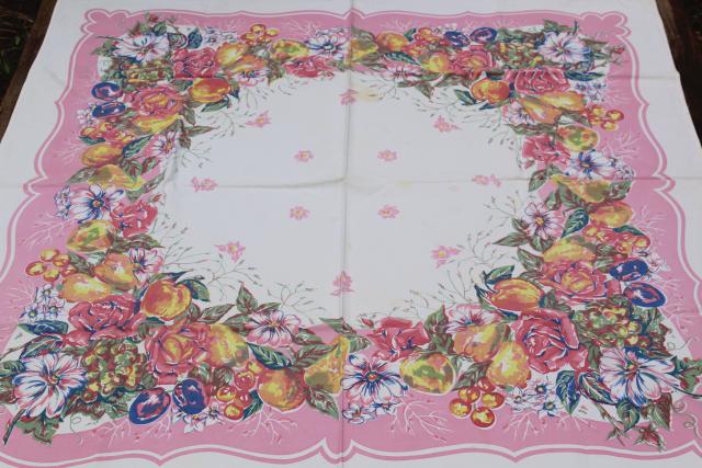 photo of 50s vintage kitchen tablecloth, retro rose pink border fruit & flowers print #1