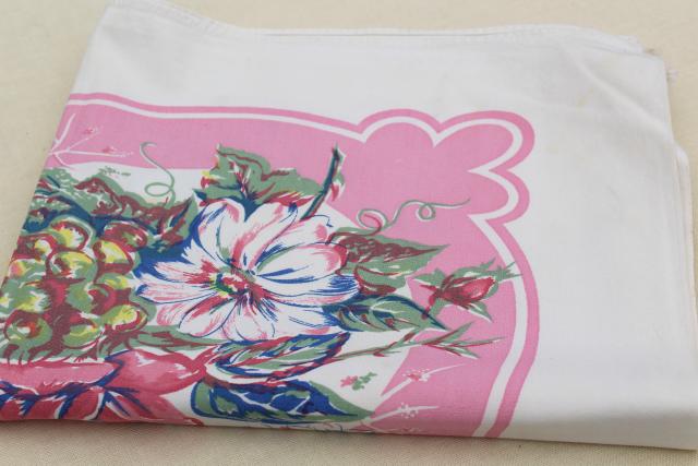 photo of 50s vintage kitchen tablecloth, retro rose pink border fruit & flowers print #2