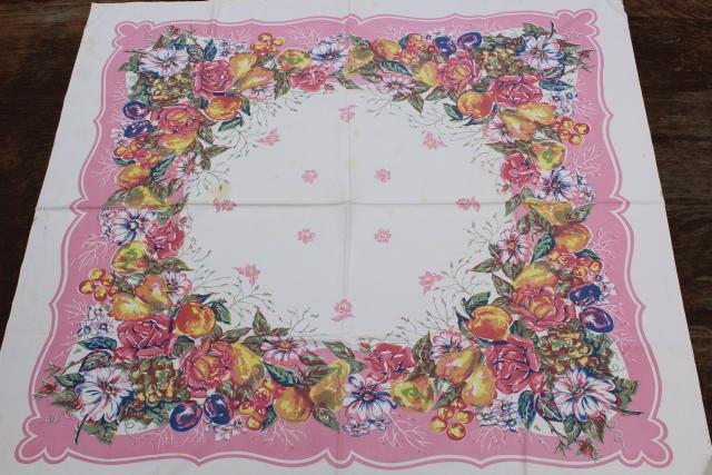 photo of 50s vintage kitchen tablecloth, retro rose pink border fruit & flowers print #3