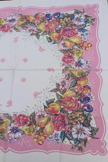 photo of 50s vintage kitchen tablecloth, retro rose pink border fruit & flowers print #5