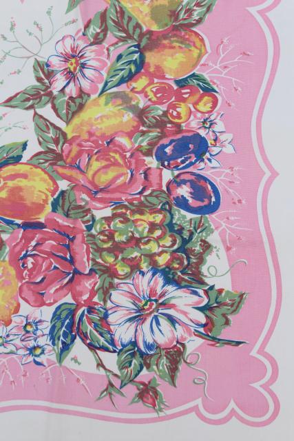 photo of 50s vintage kitchen tablecloth, retro rose pink border fruit & flowers print #6