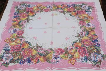 catalog photo of 50s vintage kitchen tablecloth, retro rose pink border fruit & flowers print