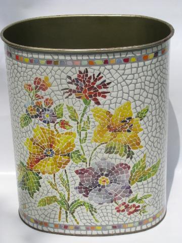 photo of 50s vintage metal boudoir or bath wastebasket, Italiente mosaic pattern on ivory #1