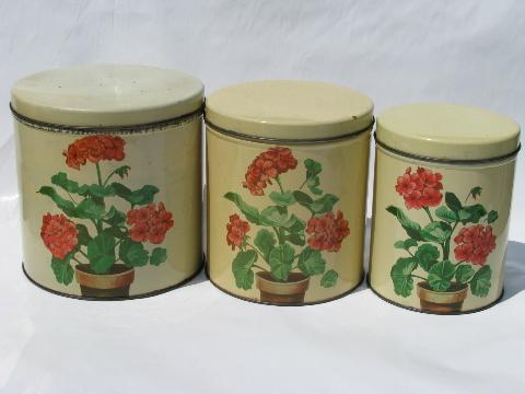 photo of 50s vintage metal kitchen canisters, pink geraniums canister set #1