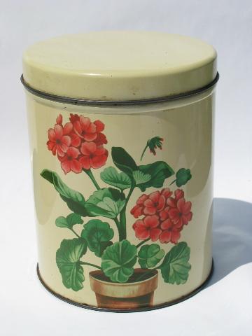 photo of 50s vintage metal kitchen canisters, pink geraniums canister set #2