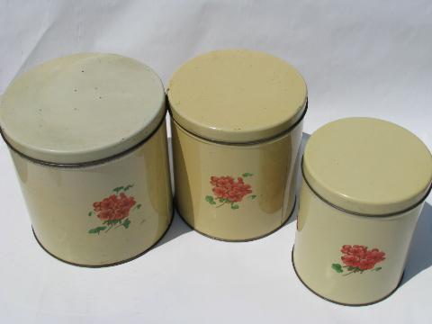 photo of 50s vintage metal kitchen canisters, pink geraniums canister set #3