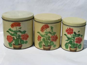 catalog photo of 50s vintage metal kitchen canisters, pink geraniums canister set