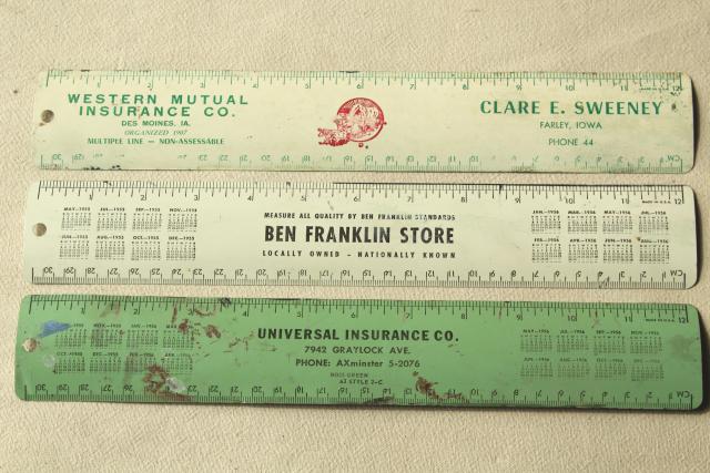 photo of 50s vintage metal rulers w/ old advertising, Ben Franklin dime stores etc. #1