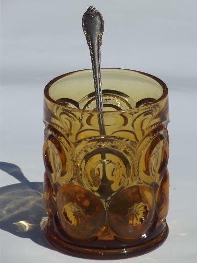 photo of 50s vintage moon and stars pattern amber glass pickle jar w/ fork #1