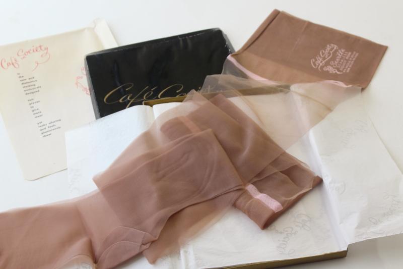 photo of 50s vintage nylon stockings, blush tone Cafe Society nylons w/ pink lace tops #1