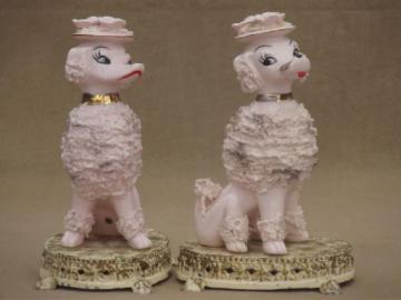 catalog photo of 50s vintage pink french poodle china figurines / pair boudoir lamp bases 