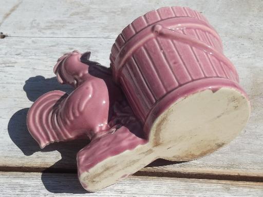 photo of 50s vintage pink pottery planter, chanticleer rooster flower pot bucket #4
